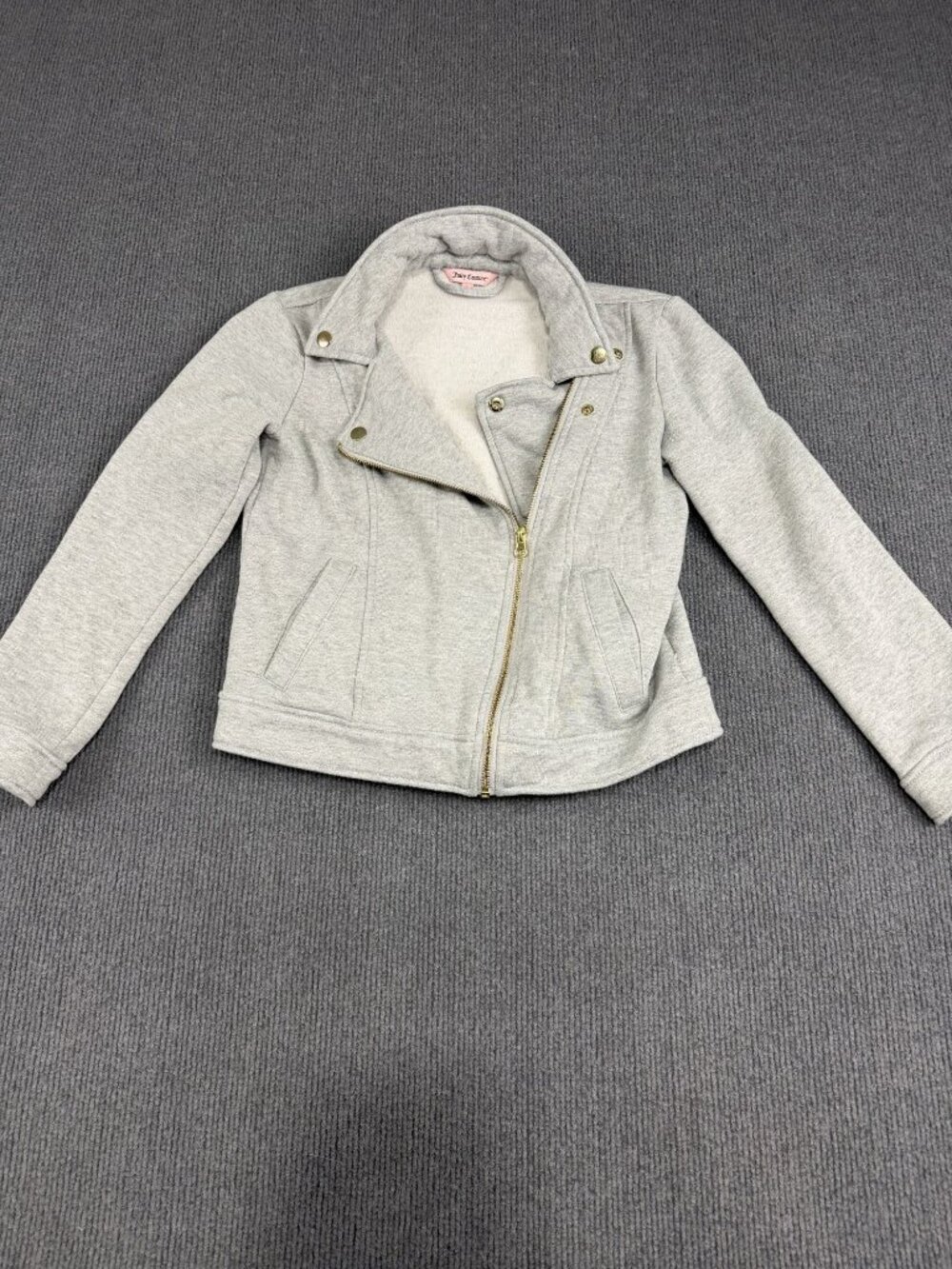 Juicy Couture Womens Gray Fleece-Lined Moto Jacket Gold Zipper Snap Buttons S
